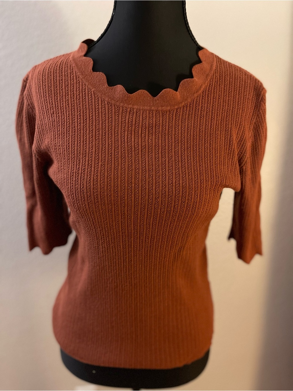 Scalloped Crew Ribbed Sweater in Rust